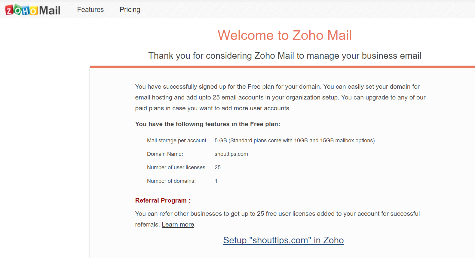 zoho mail free plan
